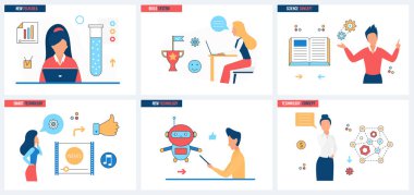 Modern sistemler ve yeni akıllı teknolojiler inşa etmek, yeni teknoloji fikri vektör illüstrasyonunu ayarlamak. Çizgi filmlerdeki küçük insanlar, bilimsel verileri incelemek ve araştırmak için robot ve gelecekçi akıllı makinelerle çalışıyorlar.