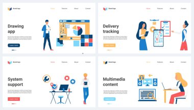 Mobil uygulama, tasarım uygulaması geliştirme ve destek servis vektör ilüstrasyonunda sipariş teslimi. Çizgi filmlerdeki küçük insanlar multimedya içeriği geliştiriyor, dijital sistemin altyapısı