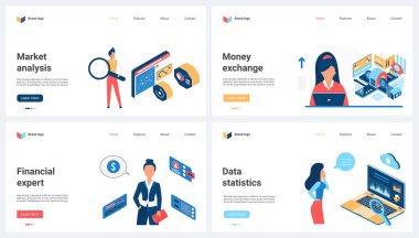 Piyasa veri istatistiklerinin analizi, finans uzmanının tavsiyesi, para değişimi ve ticaret kümesi vektör ilülasyonu. Çizgi film küçük şirket insanları işletme geliştirme için grafikleri ve grafikleri analiz eder