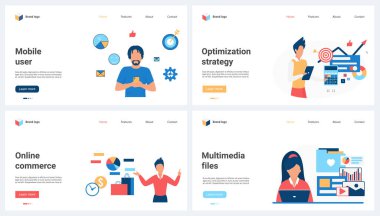 Mobil uygulamalarda multimedya ve kullanıcı verilerinin optimize edilmesi, çevrimiçi ticaret vektör illüstrasyonunu ayarlar. Çizgi filmlerdeki küçük insanlar online alışveriş için para ödüyor, dijital klasörlere ve arşivlere dosya yönetimi üzerinde çalışıyorlar