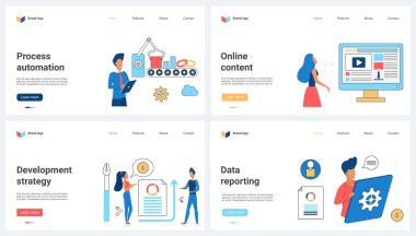 İş süreci otomasyonu ve dijital strateji geliştirme, çevrimiçi içerik ve veri raporu vektör illüstrasyonunu belirledi. Çizgi filmlerdeki küçük insanlar şirketlerini geliştirir ve endüstride akıllı teknolojilerle çalışırlar.