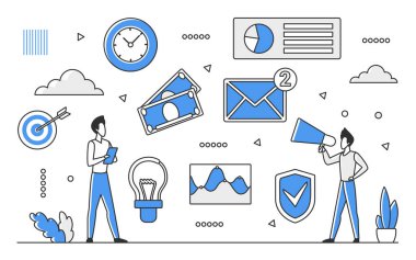 İş iletişimi stratejisi. E- posta tanıtım kampanyası, etkili kurumsal bağlantı vektörü monocolor illüstrasyon