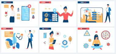 Fitness takip uygulaması, fiziksel aktivite, kardiyo eğitimi ve sağlık izleme, GDO ürünleri hakkındaki araştırma vektör illüstrasyonunu belirledi. Çizgi filmlerdeki küçük insanlar online uygulamalara bağlanmayı planlıyorlar.