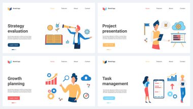 Planlama ve stratejinin değerlendirilmesi, iş büyümesinin analizi, görevlerin yönetimi ve proje sunumu vektör illüstrasyonunu belirledi. Çizgi film küçük insanlar teleskopla veri grafikleri planlar ve araştırırlar
