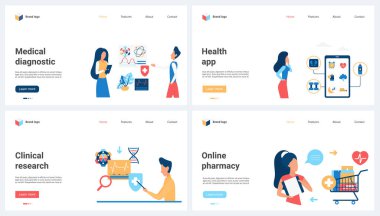 Tıbbi teşhisler ve klinik araştırmalar, mobil sağlık uygulamaları ve eczane hizmeti vektör çizimi. Çizgi filmlerdeki küçük insanlar internetten hap alıyor, hastalar hastaneden teşhis raporları alıyorlar.