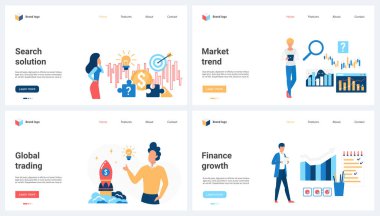 Küresel ticaret ve pazar eğilimleri, finansal büyüme çözümleri için iş arayışı vektör illüstrasyonunu belirledi. Çizgi filmlerdeki küçük insanlar veri tabloları, indeks ve kar artışı oranları üzerinde çalışıyorlar.