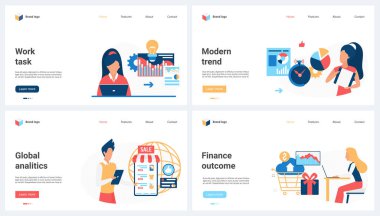 Ekonomik sonuçların iş analizleri, modern küresel eğilimler ve çalışma görevleri vektör illüstrasyonunu belirler. Çizgi filmlerdeki küçük insanlar veri ve satış analizleri, istatistikler telefon ya da dizüstü bilgisayarlar üzerinde çalışıyor.