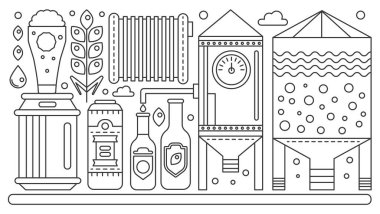 Beer industrial brewing process, brewery factory production design, beer brewing process, traditional beer crafting thin line process vector illustration
