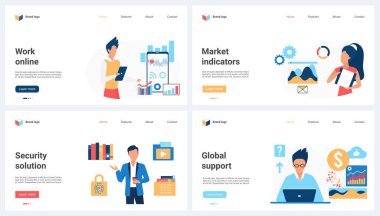 Online support and security, global market indicators set vector illustration. Cartoon tiny people work on data protection using biometric authentication, research reports and graphs on phone screen