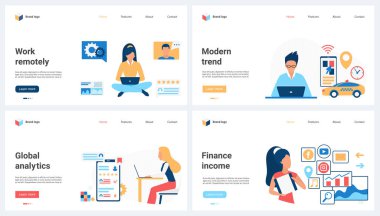 Modern trend of remote work, global analytics of outsourcing, financial income set vector illustration. Cartoon tiny people work with laptop online in home office, analyze data and business processes