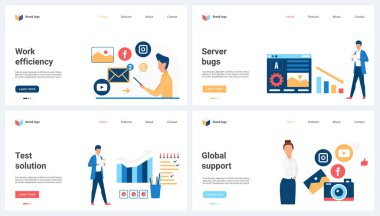Efficiency of global support service, test for server bugs set vector illustration. Cartoon tiny people work online with financial solutions, hardware and backup, cloud system security reports