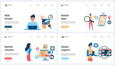 Web design, global mobile application support, market solutions set vector illustration. Cartoon tiny people work with magnifying glass and laptop for apps and modern website content development