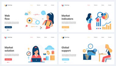 Market indicators and solutions, global web support set vector illustration. Cartoon tiny people work with flow of data in mechanism with gears, research charts with magnifying glass and laptop