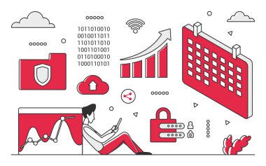 Data analytics safety. Big data management, cyber security vector monocolor illustration