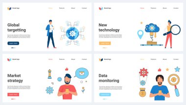 Targeting and global data monitoring services, market strategy set vector illustration. Cartoon tiny people work with new technology and smart network system, use magnifying glass to find solutions