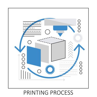 3d printing process. 3d modelling flowchart, prototype creating flow vector illustration