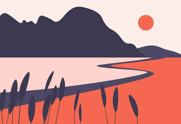 Colorful nature abstract landscape. Sunset panorama with mountain flat vector illustration