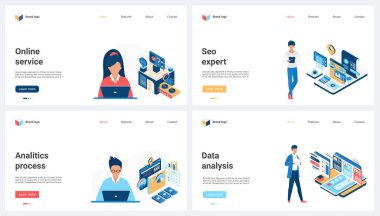 SEO uzman servisi, çevrimiçi veri analizi, analitik tavsiyeler vektör çizimi. Çizgi filmlerdeki küçük insanlar dijital proje üzerinde kaynak ve süreçlerle çalışıyorlar, sanal makine raporlarını analiz ediyorlar.