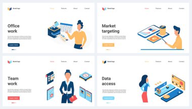 Piyasa hedeflemesi, ofis işi, şirket veri setine erişim vektör çizimi. Çizgi filmdeki küçük insanlar sonuçların bilgi analiziyle çalışıyorlar. Analistler finansal yatırım hedeflerini izliyor.