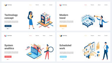 Modern trendlerin sistem analizleri, planlanmış çalışma teknolojisi vektör çizimi. Çizgi filmlerdeki küçük insanlar proje planlar, büyüteçle ve teleskopla etkili stratejinin analizi üzerinde çalışırlar.