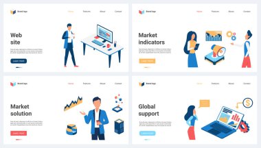 Küresel pazar çözüm desteği, iş sitesi ve satış göstergeleri vektör illüstrasyonunu belirledi. Çizgi filmlerdeki küçük insanlar dizüstü bilgisayardaki grafikleri ve grafikleri finansal raporlarla analiz ederler.
