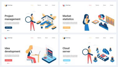 Proje ve fikir yönetimi, piyasa geliştirme istatistikleri, bulut servis kümesi vektör çizimi. Çizgi film, büyüteç araştırmaları, iş süreçleri, finansal gösterge paneli raporları olan minik insanlar.