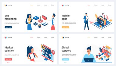 SEO hizmeti ve dijital pazarlama çözümleri, mobil uygulamalar için küresel destek vektör illüstrasyonunu belirledi. Çizgi filmlerdeki küçük insanlar, sanal makine ve uygulamalar üzerine pazar veri raporuyla çalışıyorlar.