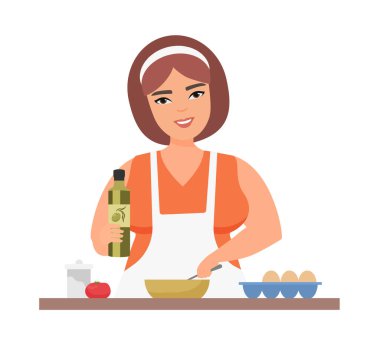 Smiling woman cooking meal. Food preparing process, kitchen chef vector cartoon illustration