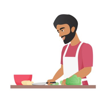 Young man cooking in kitchen. Culinary hobby, food blogger vector cartoon illustration