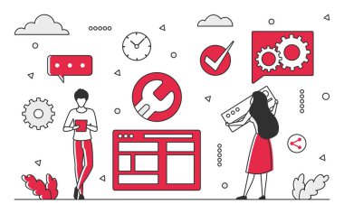 Technical support team. Customer help service, customer assistance operator vector monocolor illustration