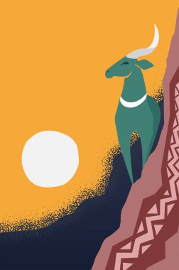 Safari mountain goat portrait. African style decorative wall ornament vector cartoon illustration