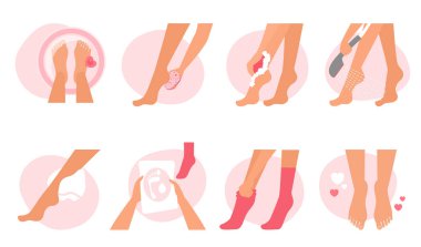 Spa body treatment and foot care set vector illustration. Cartoon girls apply depilatory cream on skin of legs, smooth heels with pumice stone or peeling socks, wash and dry with towel in bathroom