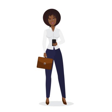 Business woman black with suitcase. Smiling female office manager vector cartoon illustration