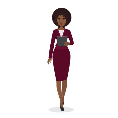 Smiling black business lady. Female manager in classic skirt suit vector cartoon illustration