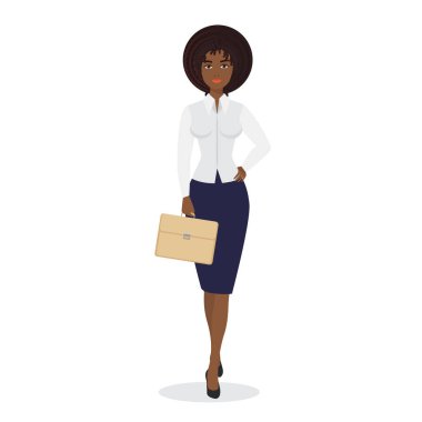 Elegant black business woman. Standing confident female office manager vector cartoon illustration