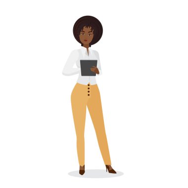 Elegant black business lady. Female office manager in classic clothes vector cartoon illustration