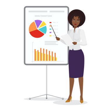 African business woman having presentation. Female office manager reporting vector cartoon illustration
