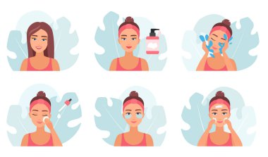Makeup removal set vector illustration. Cartoon girls remove visage with cleansing gel and water, use cotton pad for cleanliness of skin and eye patches, female characters apply lotion or cream