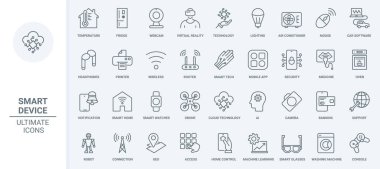Smart home devices thin line icons set vector illustration. Outline virtual reality technology, autonomous lighting and automated software to control temperature of house, air conditioner and drone
