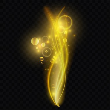 Sihirli ışıltılı vektör resimli altın sarısı parlak dalga şekilleri. Parlayan ışık efektli soyut kıvrımlar ve kıvrımlar, yanıp sönen halkalar, parlayan enerji parçacıkları.