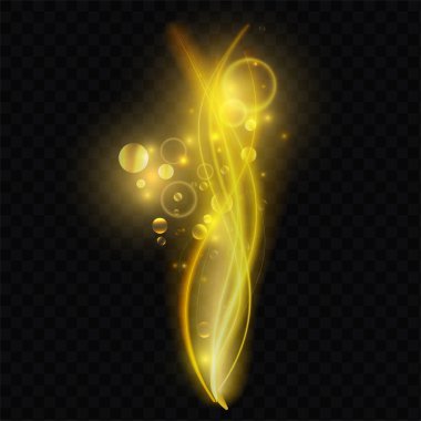 Golden yellow luminous wave shapes with magic glow vector illustration. Abstract curves and swirls of lines with glowing light effect, rings and circles of flashes, shining flare particles of energy