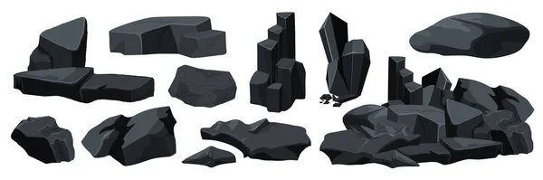 Charcoal Black Rocks Stones Set Vector Illustration Cartoon Piles Natural —  Vetores de Stock