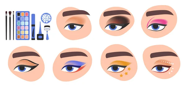 Eye Makeup Set Vector Illustration Cartoon Artist Tutorials Accessories Cosmetic — стоковый вектор