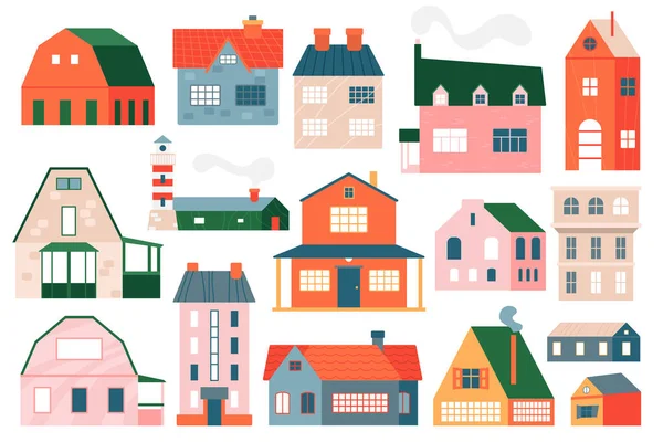 煙を放出屋根を持つかわいい漫画魅力的な小さな町の村の家のベクトルイラスト レンガ造りのコテージやアパートの様々なフロントビュー — ストックベクタ