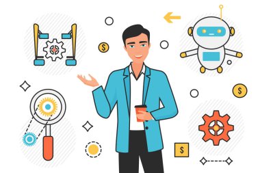 Robot teknolojisi. Otomasyon süreçleri, yapay zeka vektörü basit illüstrasyon