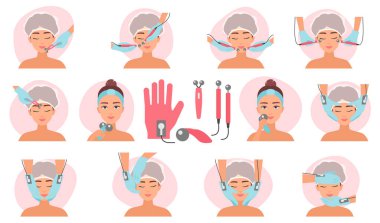 Microcurrent facial treatment set vector illustration. Cartoon aesthetic therapy in cosmetology and cosmetic procedures, massage for face with devices and micro current electrodes in spa beauty salon clipart