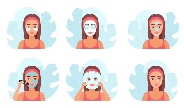 Maske Gesichtsbehandlung Vektor Illustration Cartoon Girls Tragen Tonmasken Mit Pinseln — Stockvektor