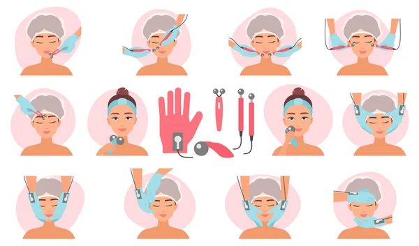 Microcurrent Facial Treatment Set Vector Illustration Cartoon Aesthetic Therapy Cosmetology — Stock Vector
