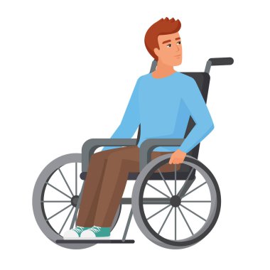 Tekerlekli sandalyede oturan engelli genç adam. Yürüyen problemler vektör çizimi olan çocuğu pasifleştir