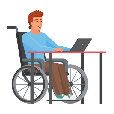 Tekerlekli sandalye kullanan ve dizüstü bilgisayarda çalışan bir çocuk. Yürüyen Engelli Vektör Çizgi Filmi Çizimi